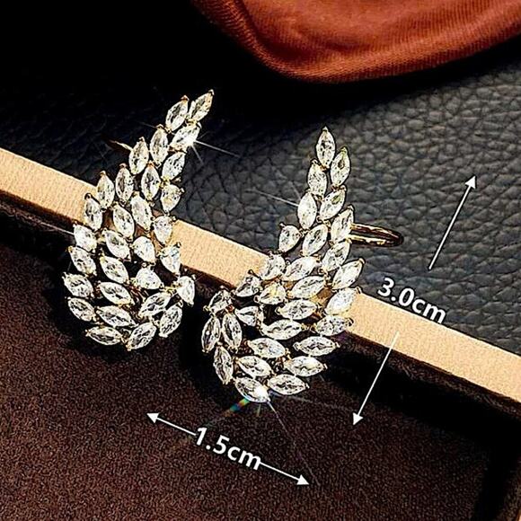 Gold Cubic Zircon Leaf Angel Wing Cuff Earrings - Picture 7 of 7